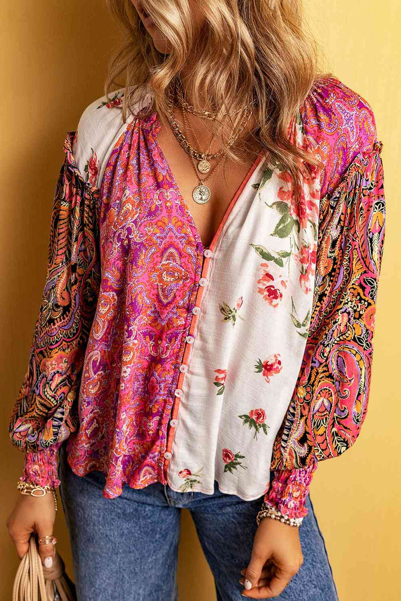 Multicolor Floral Notched Neck Lantern Sleeve Blouse