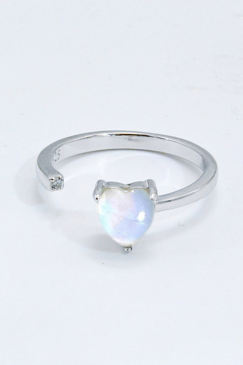 Inlaid Moonstone Heart Adjustable Open Ring Trendsi