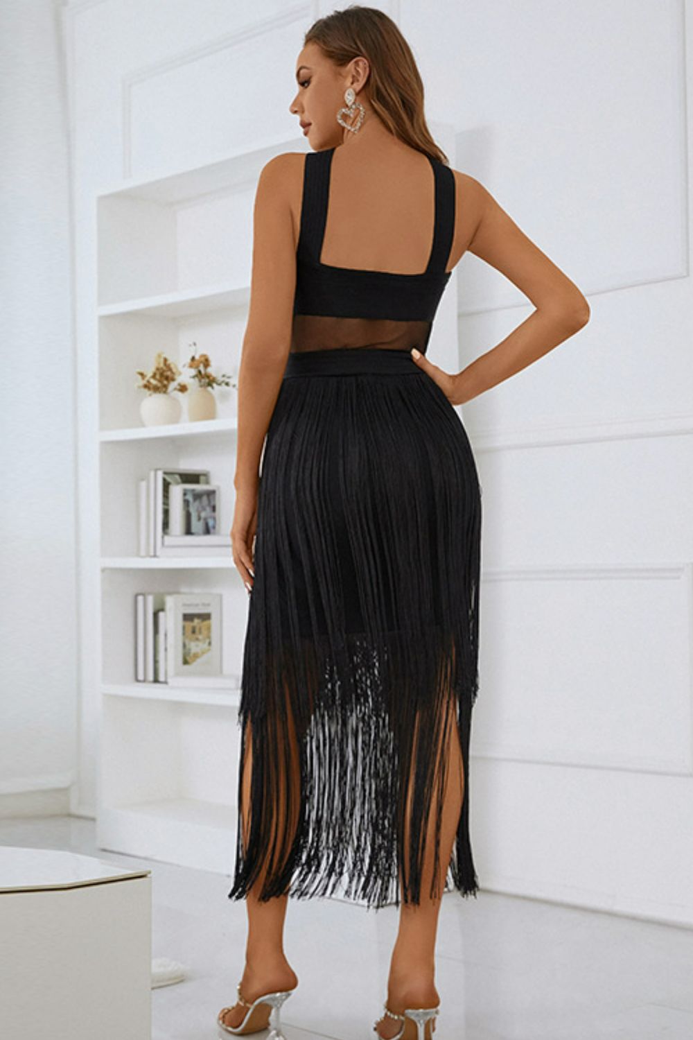 Spliced Mesh Fringe Hem Sleeveless Dress - Madikfashions.com