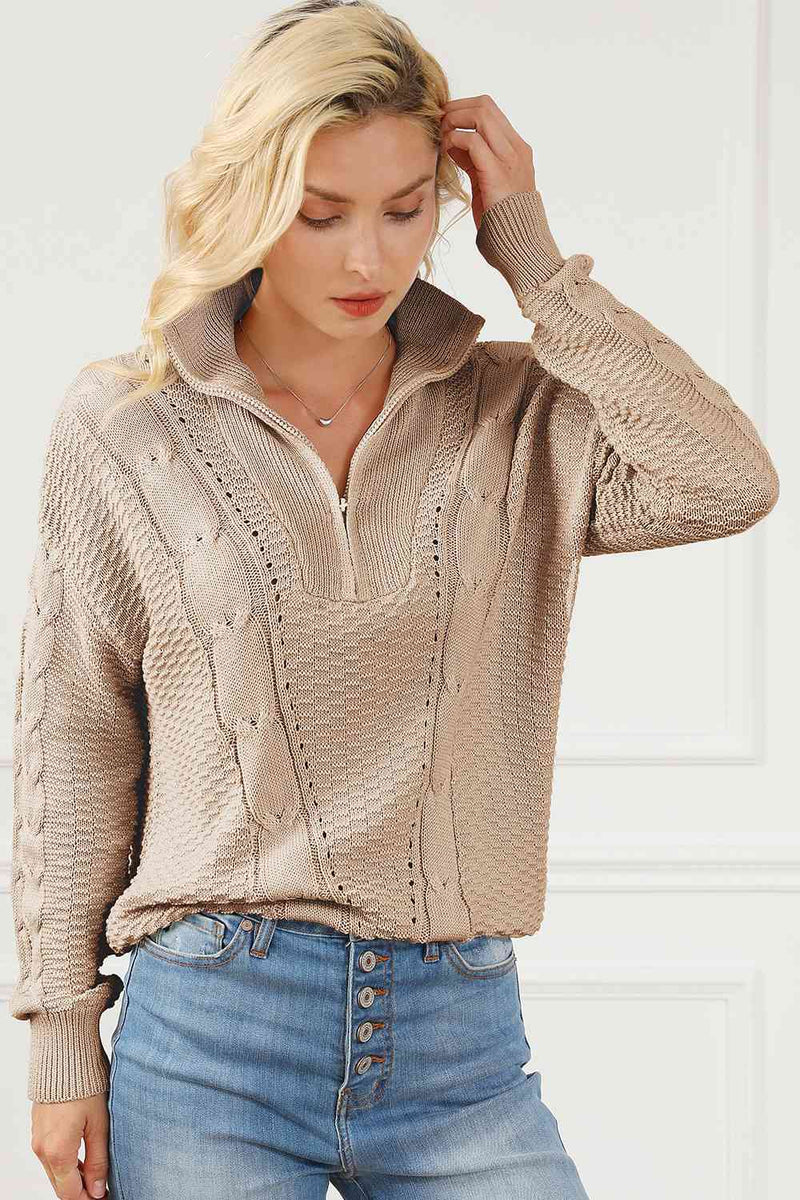 Cable-Knit Half Zip Long Sleeve Sweater