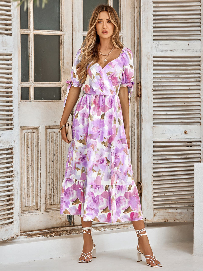 Floral Tie Cuff Surplice Neck Dress