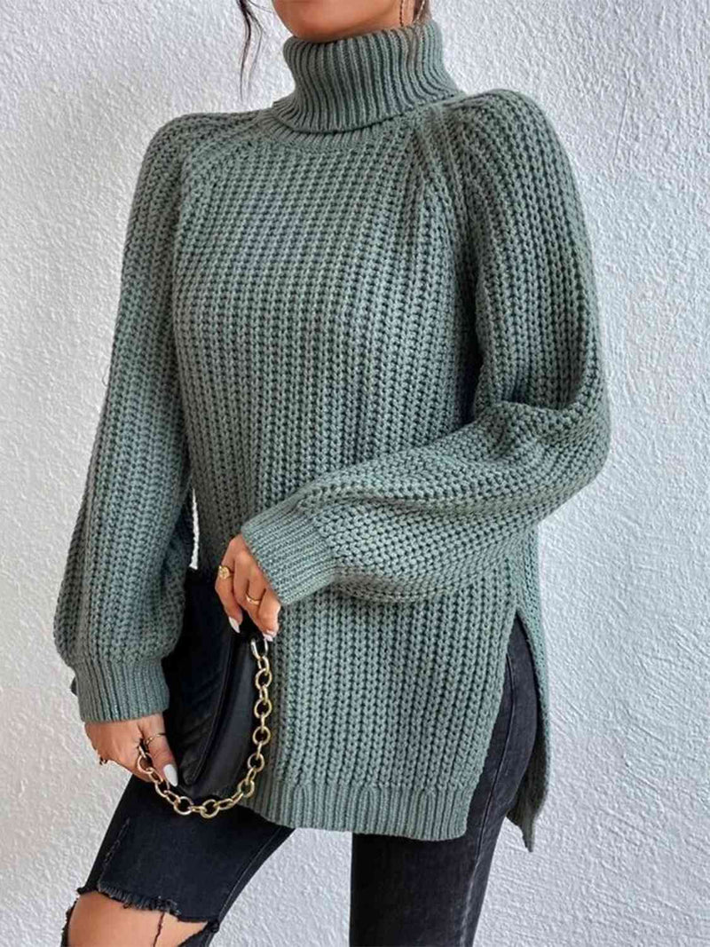 Full Size Turtleneck Rib-Knit Slit Sweater