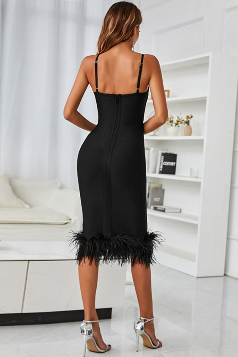 Spaghetti Strap Feather Trim Bodycon Dress - Madikfashions.com