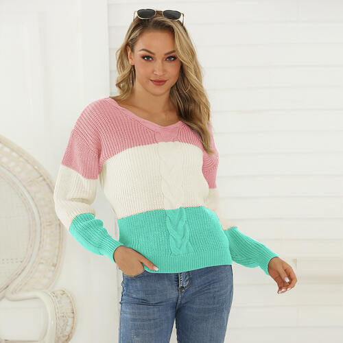 Color Block V-Neck Long Sleeve Sweater