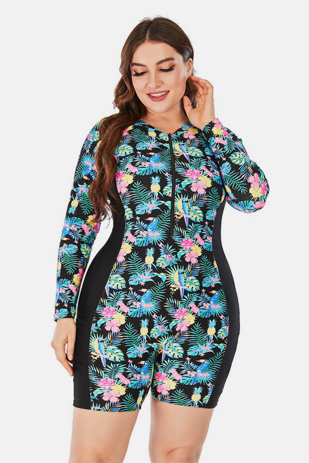 Plus Size Floral Zip Up  Long Sleeve Short Wetsuit - Madikfashions.com