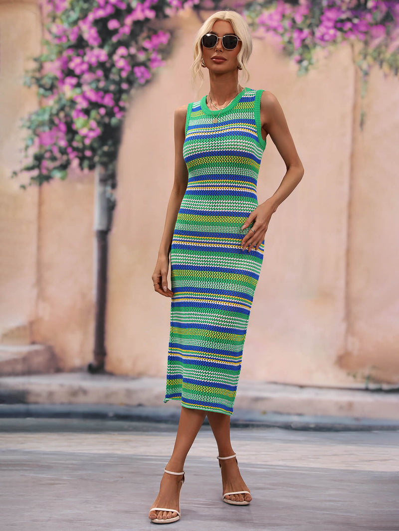 Striped Round Neck Sleeveless Midi Cover Up Dress - Madikfashions.com