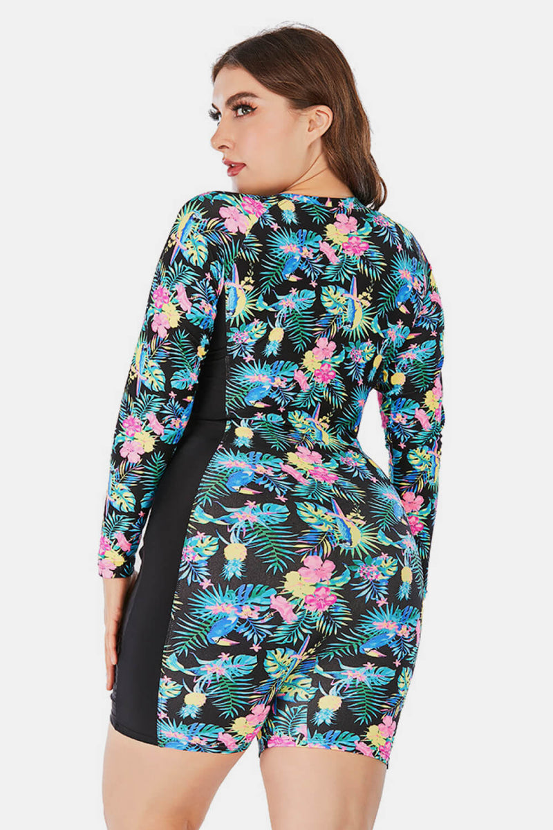 Plus Size Floral Zip Up  Long Sleeve Short Wetsuit - Madikfashions.com