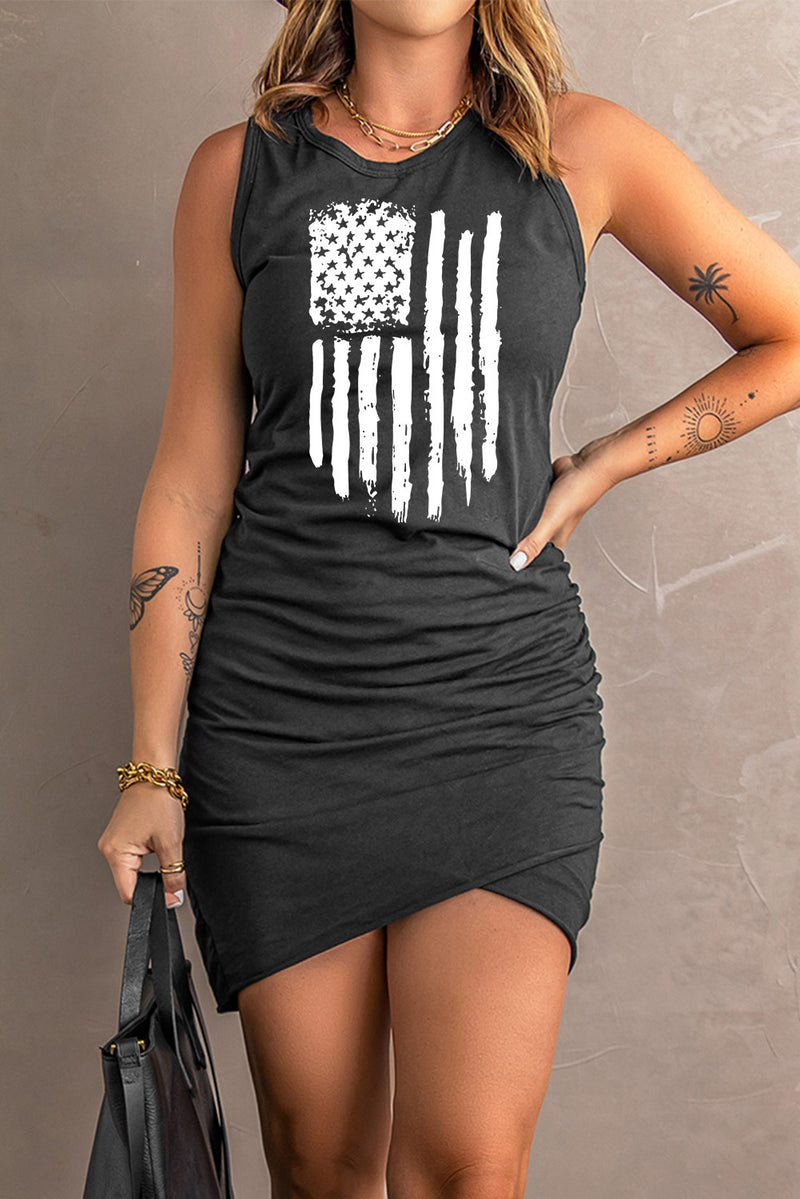 US Flag Graphic Tulip Hem Ruched Sleeveless Dress