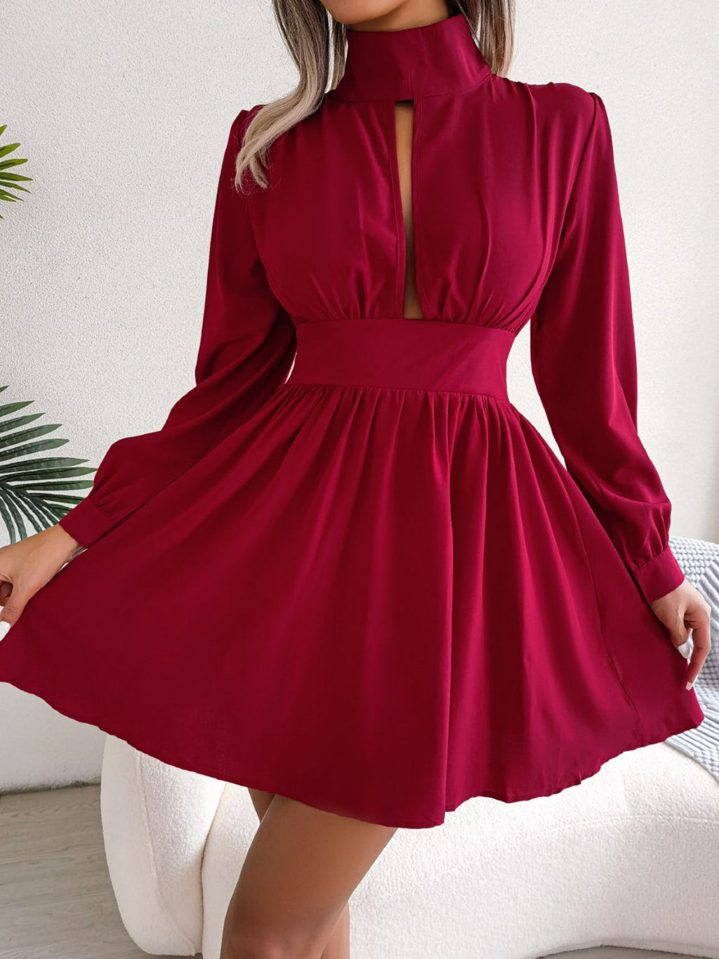 Cutout Turtleneck A-Line Mini Dress - Madikfashions.com