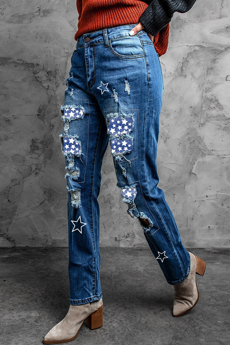 Printed Patch Distressed Boyfriend Jeans