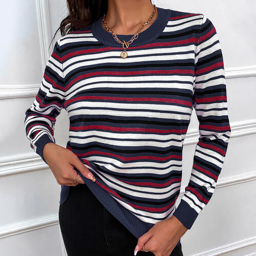 Striped Round Neck Long Sleeve Sweater