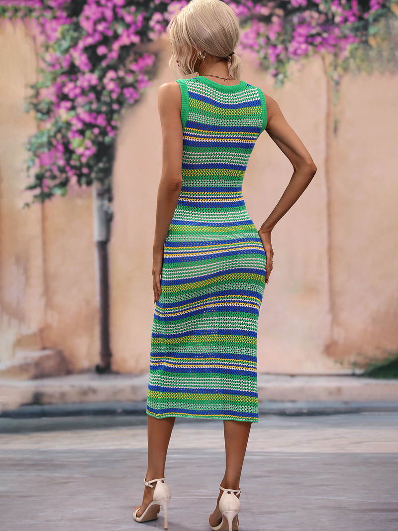 Striped Round Neck Sleeveless Midi Cover Up Dress - Madikfashions.com