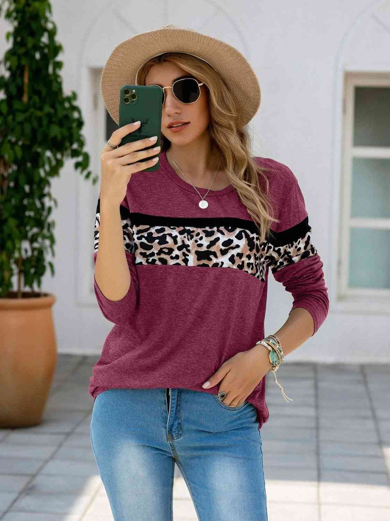 Leopard Round Neck Long Sleeve T-Shirt