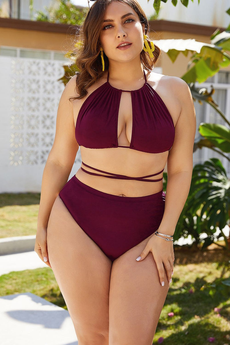 Plus Size Cutout Tied Backless Bikini Set - Madikfashions.com