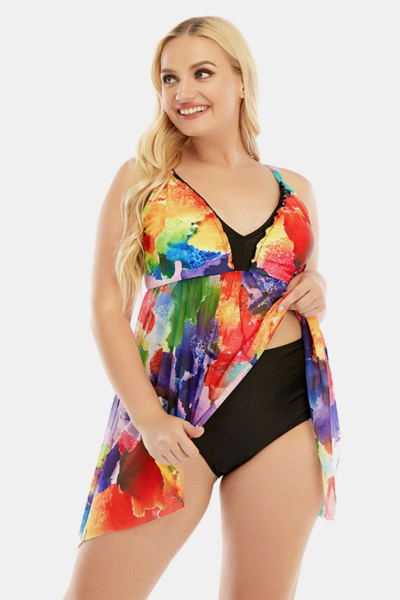 Plus Size Printed Spaghetti Strap V-Neck Two-Piece Swim Set - Madikfashions.com