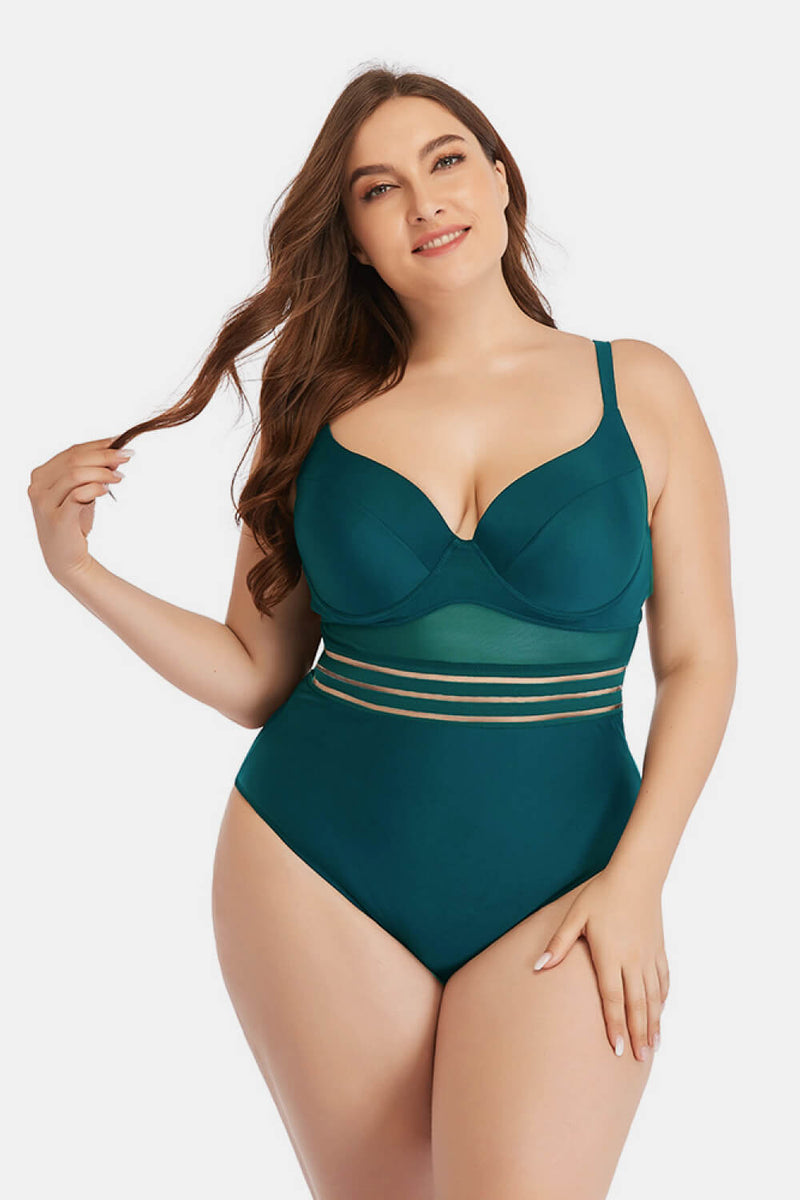 Plus Size Spliced Mesh Tie-Back One-Piece Swimsuit - Madikfashions.com