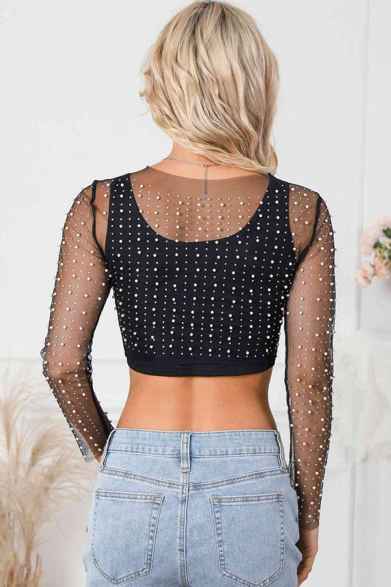 Pearl Long Sleeve Mesh Cropped Top