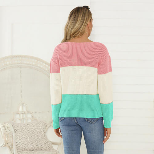 Color Block V-Neck Long Sleeve Sweater