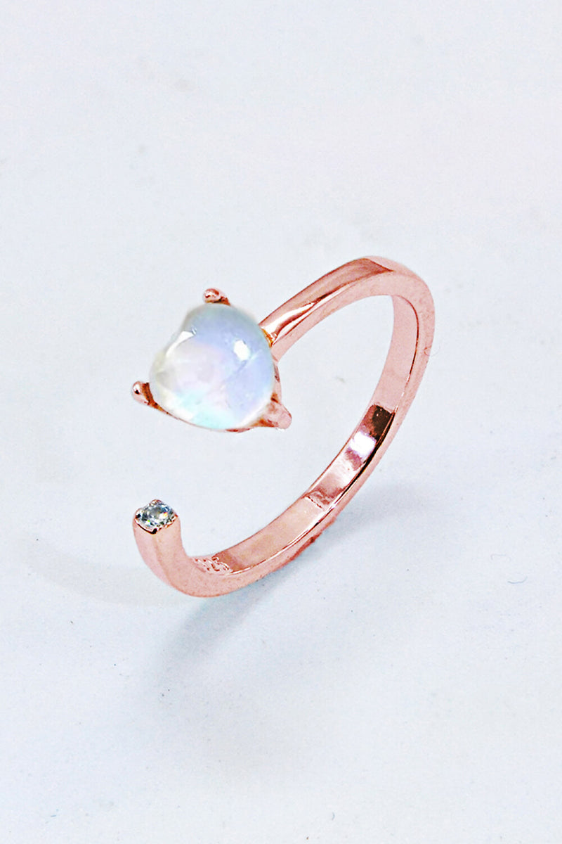 Inlaid Moonstone Heart Adjustable Open Ring Trendsi