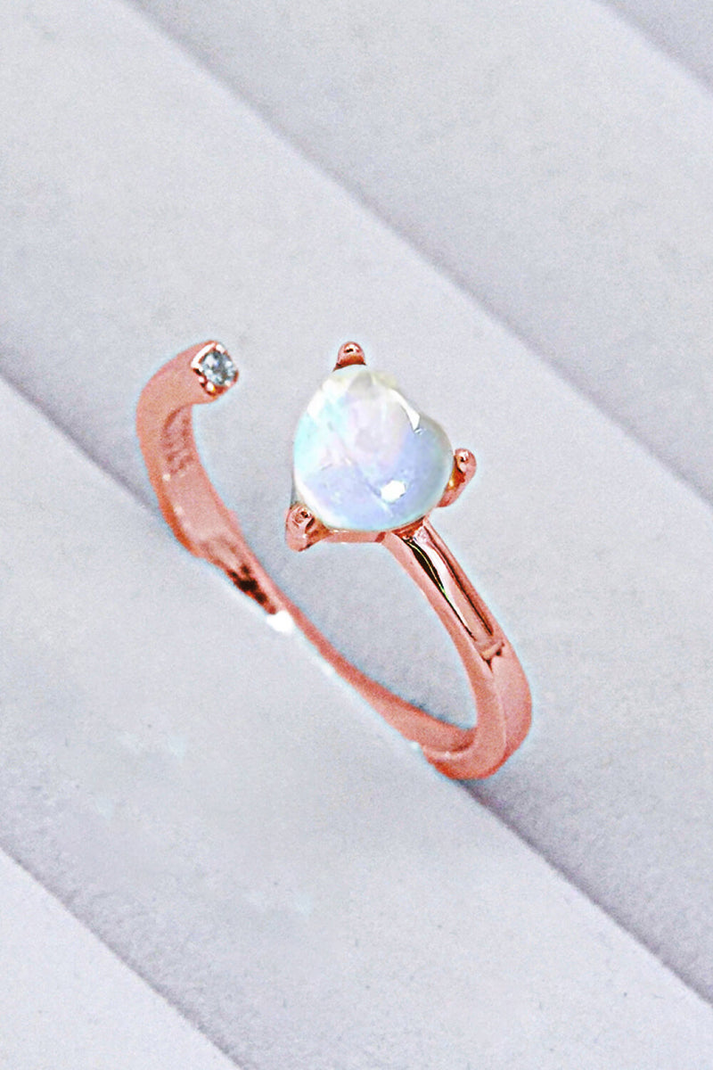 Inlaid Moonstone Heart Adjustable Open Ring Trendsi