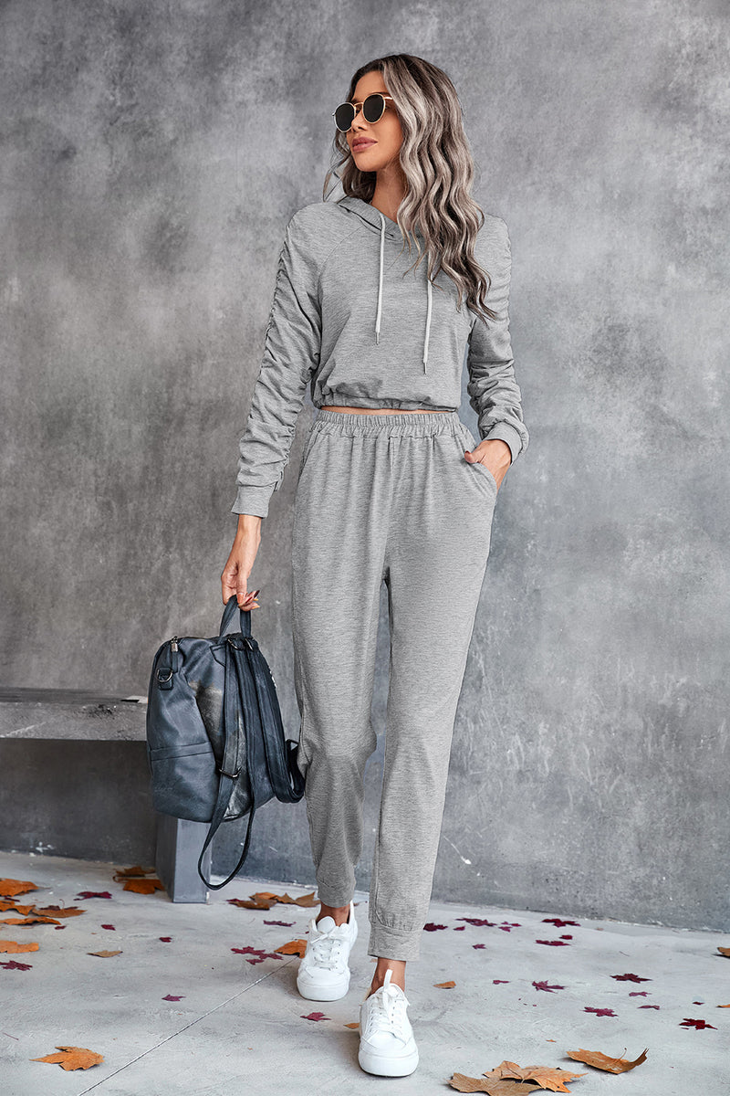 Ruched Raglan Sleeve Hoodie and Joggers Set