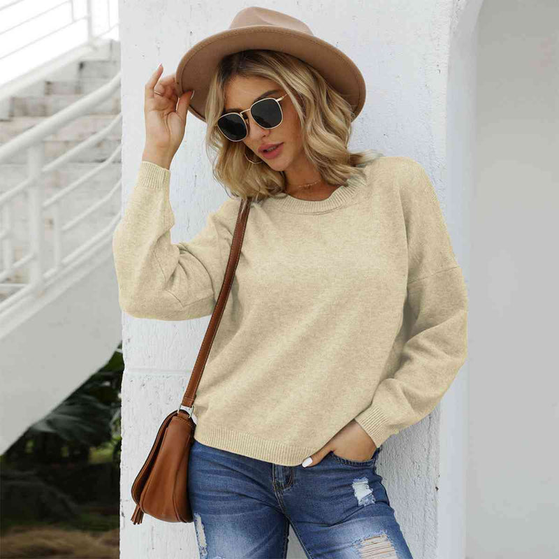 Round Neck Long Sleeve Drop Shoulder Sweater