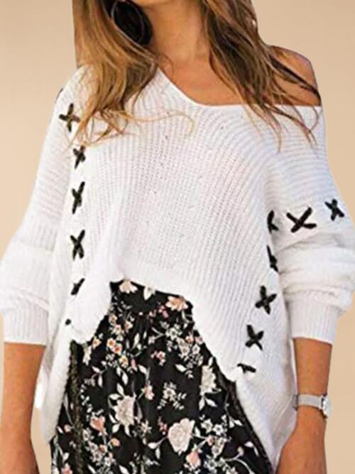 Ribbed Lace-Up Dropped Shoulder Sweater