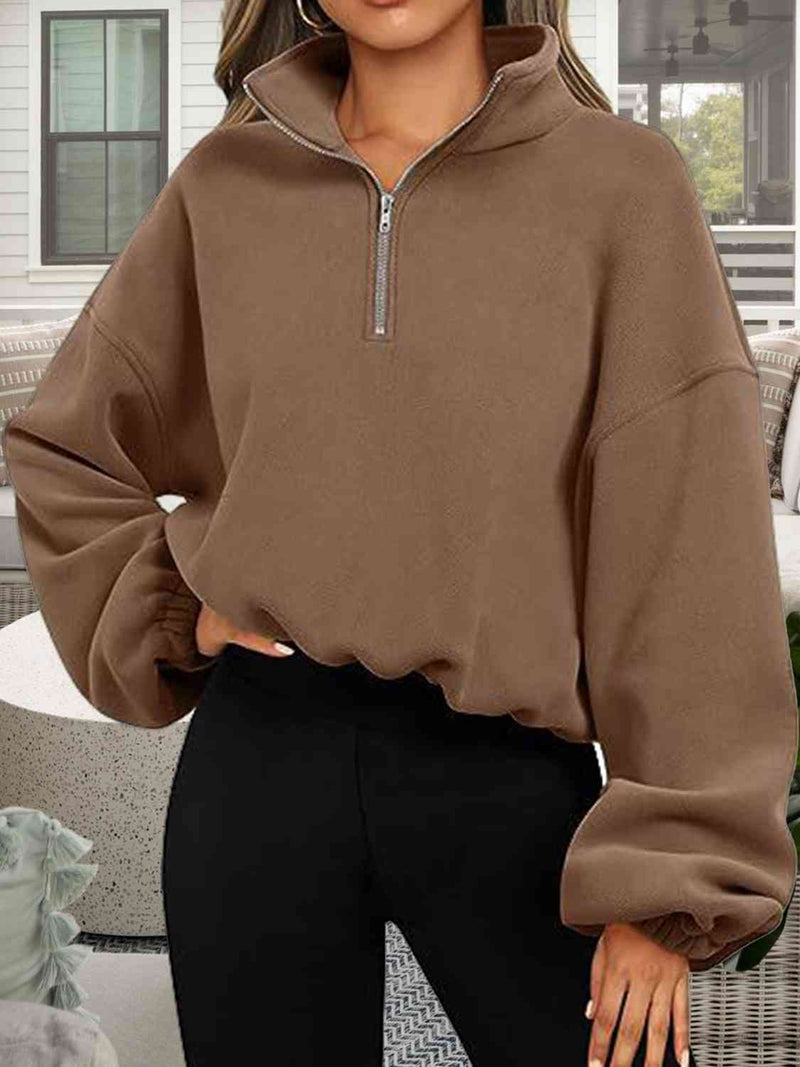 Half-Zip Collared Drop Shoulder Fleece Sweatshirt