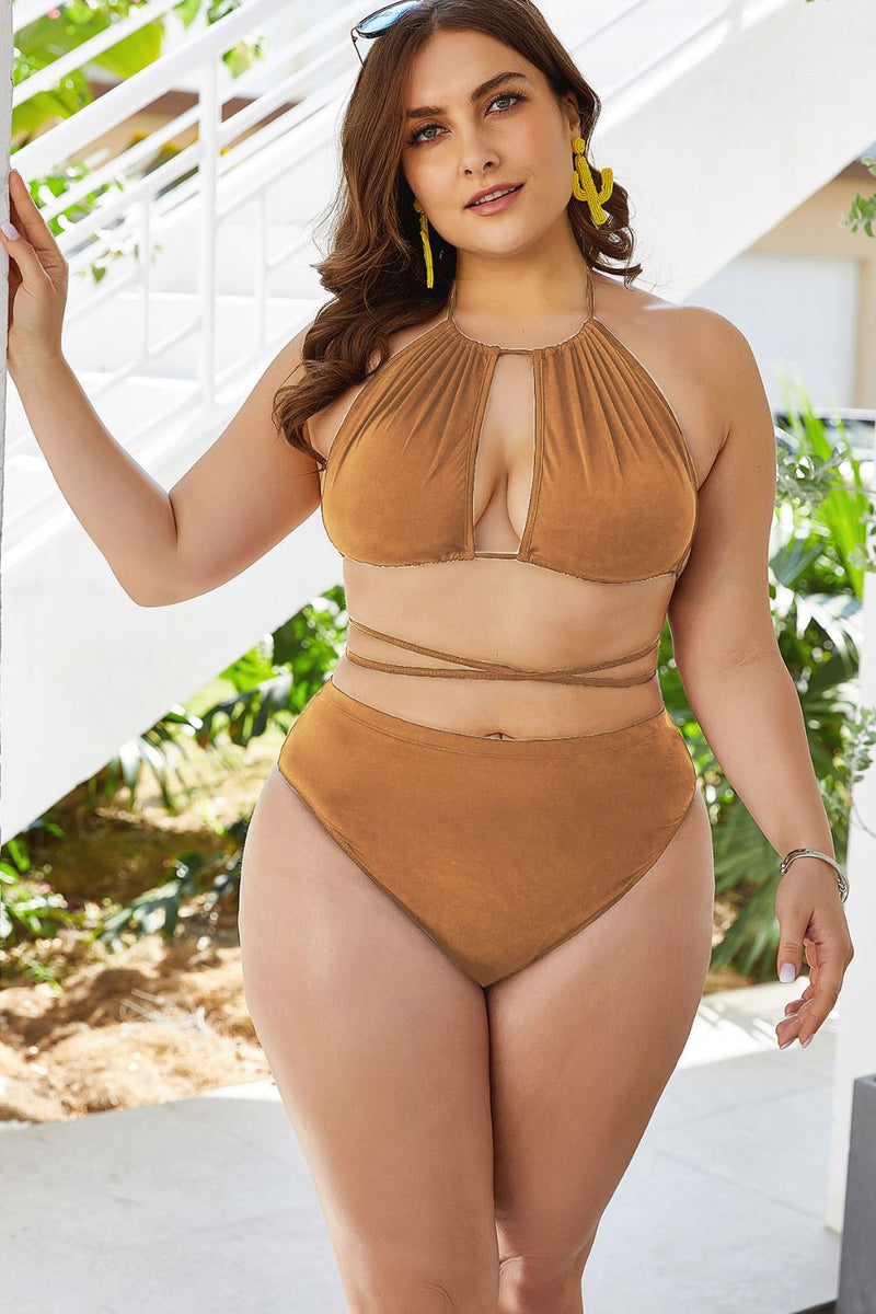 Plus Size Cutout Tied Backless Bikini Set - Madikfashions.com