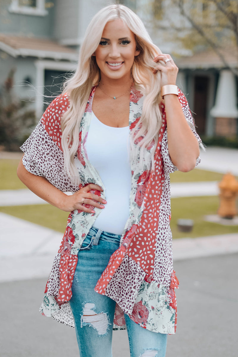 Mixed Print Ruffle Hem Kimono - Madikfashions.com