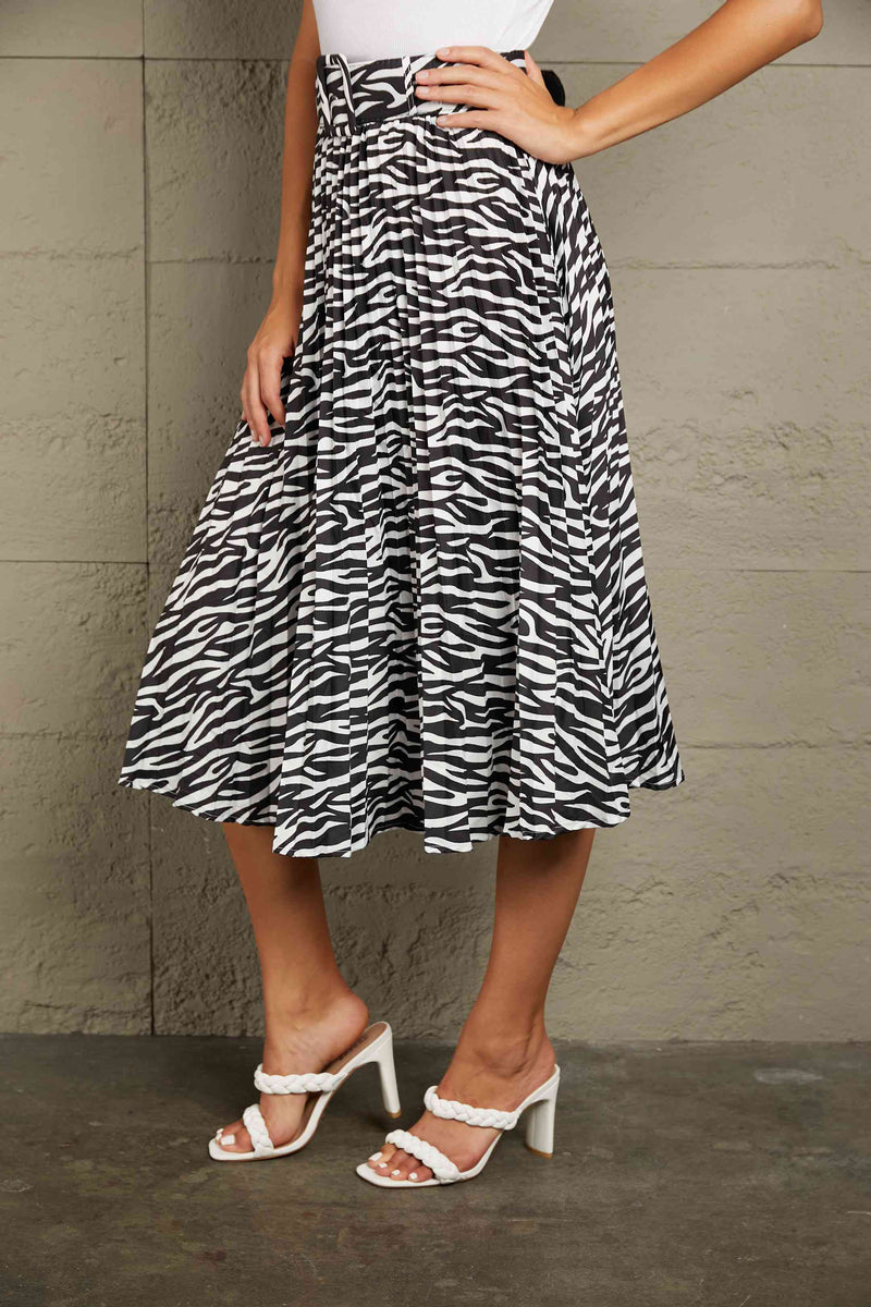 Double Take Animal Print Pleated Midi Skirt